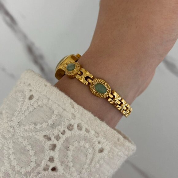 Sku 0439 cute gold mini watch bracelet with green natural stone inserts - Picture 7 of 7
